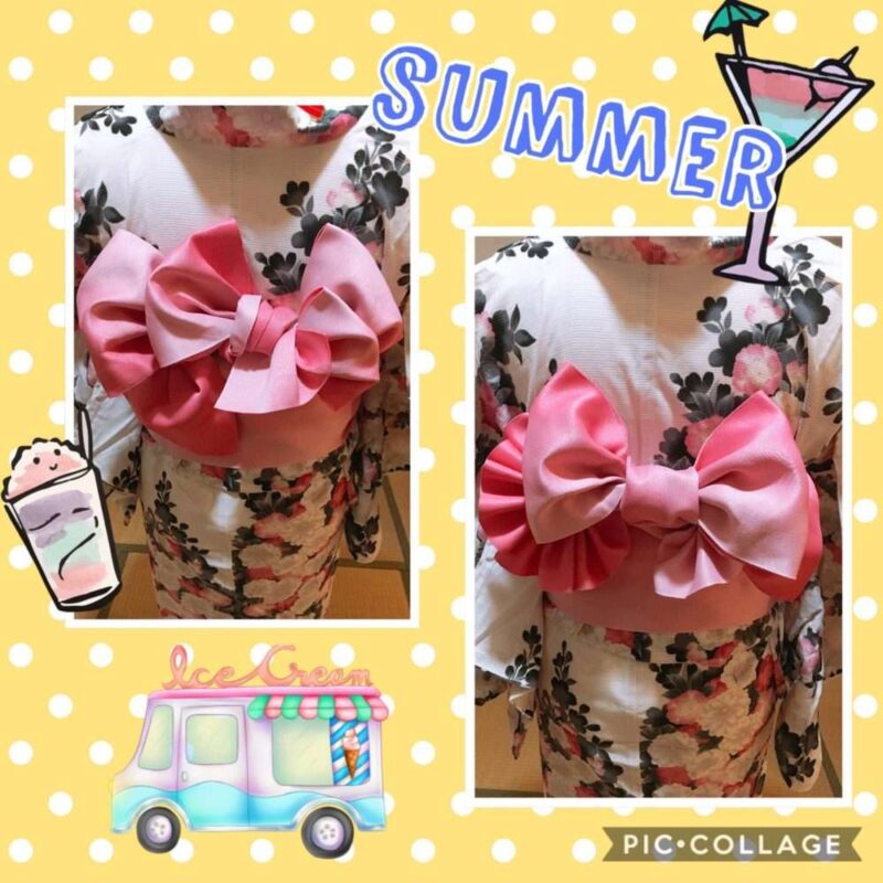 a collage of a dress with a pink bow