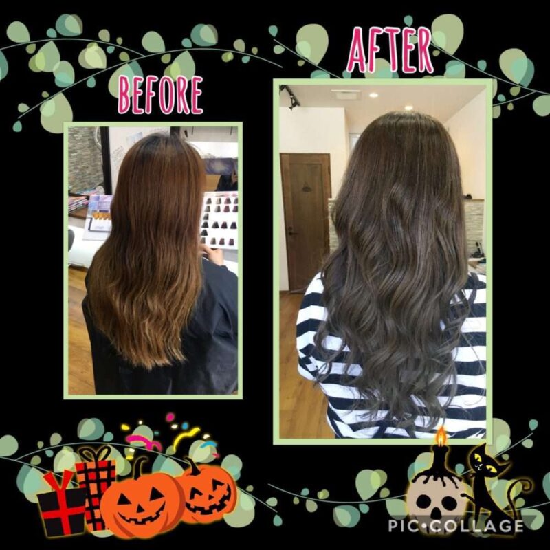 a woman with long hair before and after