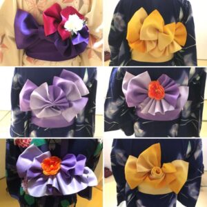 a collage of a woman wearing a kimono with a bow