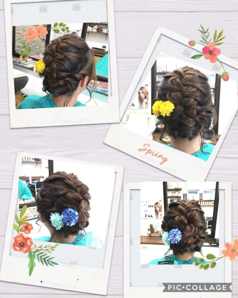 a collage of photos of a woman with flowers in her hair